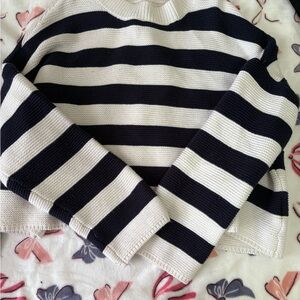 Black and White Crew Neck Sweater with Nautical Stripes